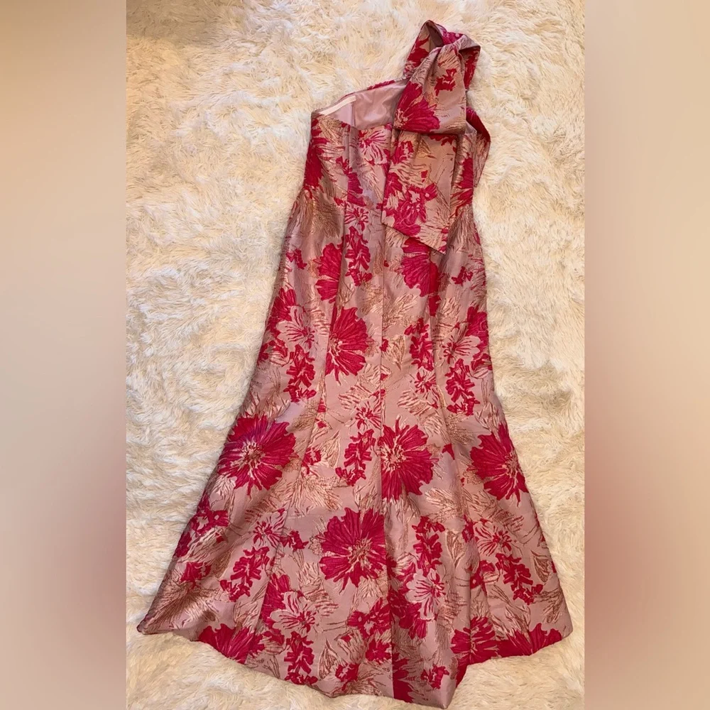 NEW ALFRED SUNG One-Shoulder Bow Pink Metallic Floral Jacquard Trumpet Gown 12 - Picture 5 of 7